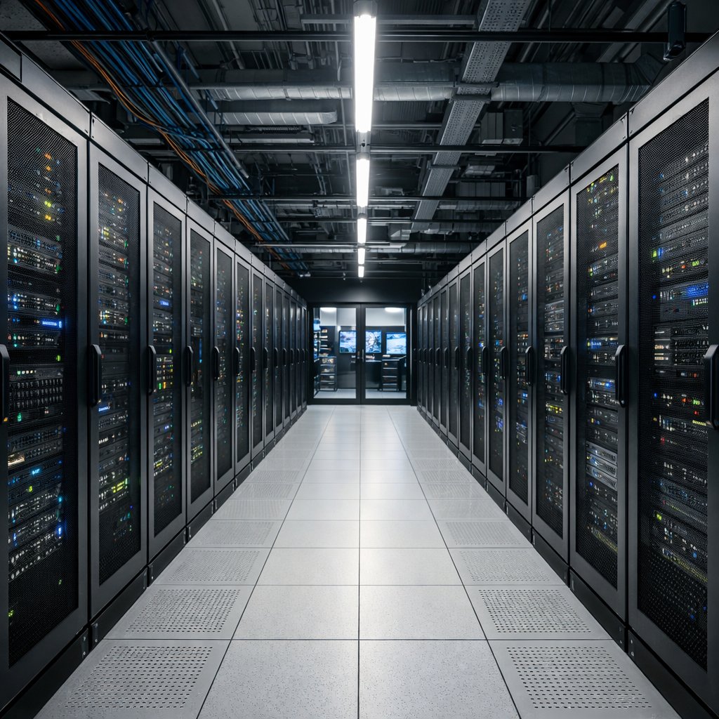 A data centre aisle lined with server cabinets